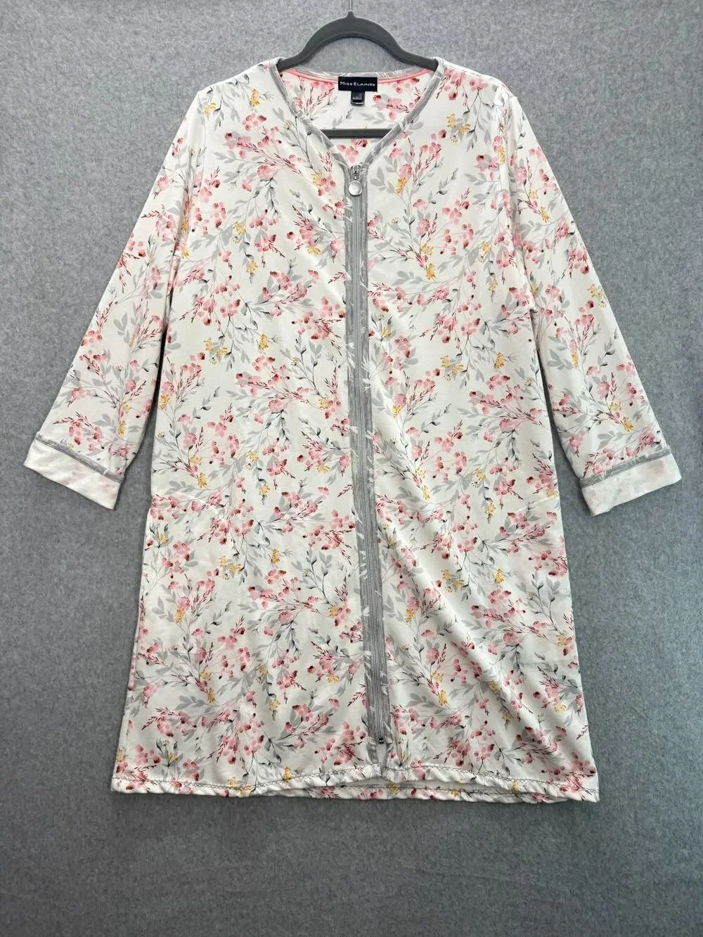 Miss Elaine Cotton Knit Full Zip Robe Housecoat Sz L White Pink Floral Pockets